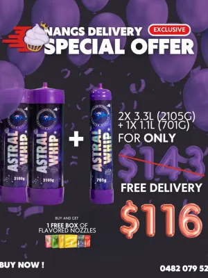 Special Combo Offer Astral Whip Tanks 2x 3.3L (2105g) & 1.1L (701g) with 1 Free Box of Flavored Nozzles Nangs Delivery