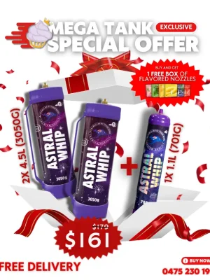 Mega Tank Combo Offer Astral Whip Tanks 2x 4.5L (3050g) & 1.1L (701g) with 1 Free Box of Flavored Nozzles Nangs Delivery