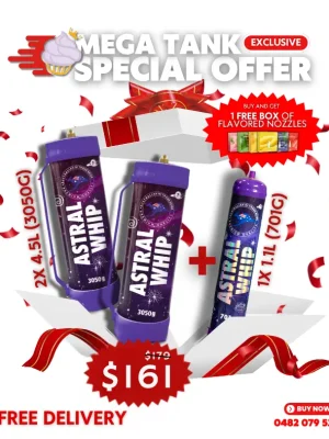 Mega Tank Combo Offer Astral Whip Tanks 2x 4.5L (3050g) & 1.1L (701g) with 1 Free Box of Flavored Nozzles Nangs Delivery